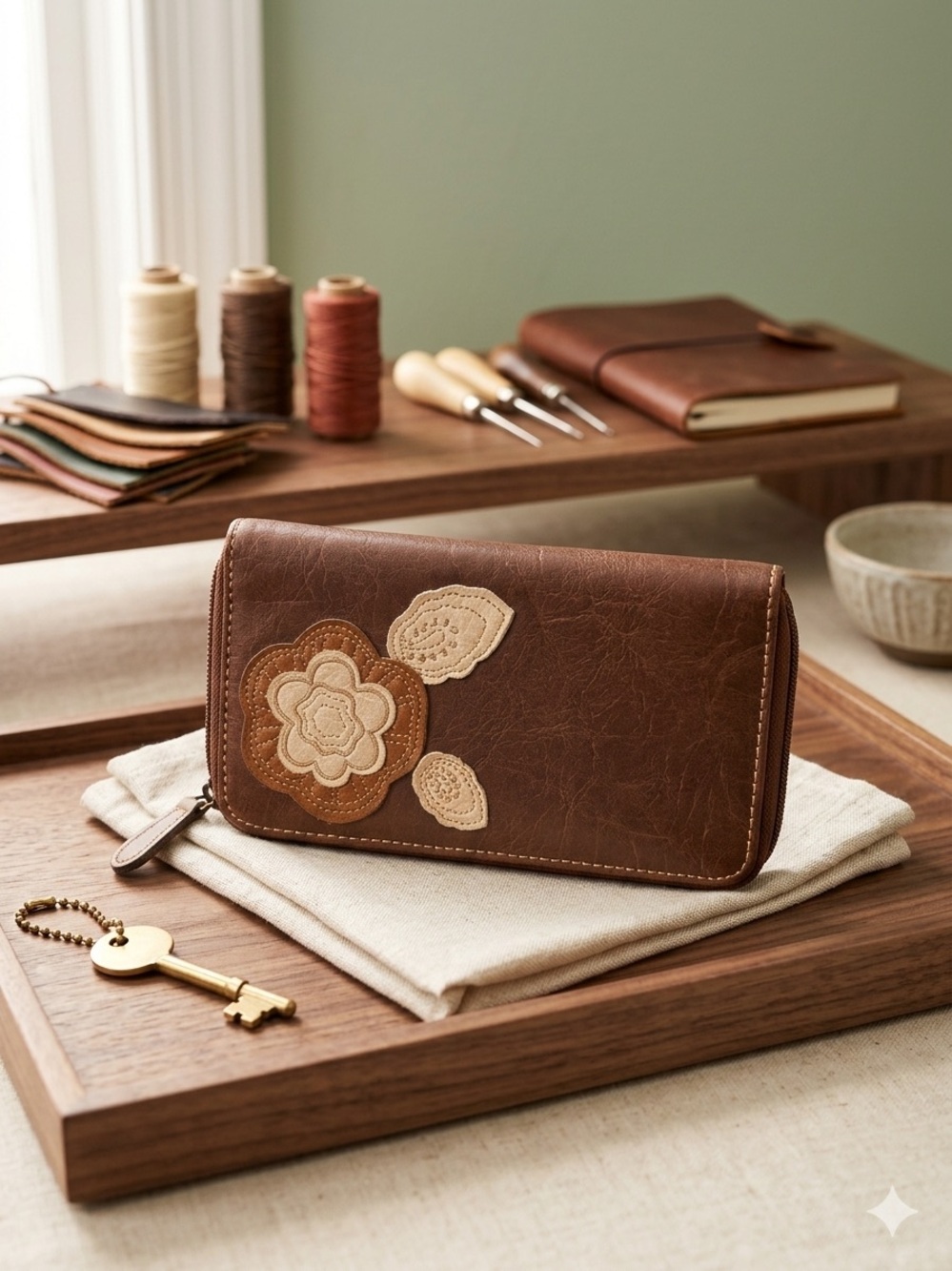 Boho Artisan Floral Appliqué Zip Around Wallet | Brown Faux Leather Boutique